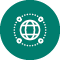 Icon with green circle and white outline of a reticulated circle with graphic elements around it