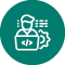 Icon with green circle and white outline of a man working on a laptop