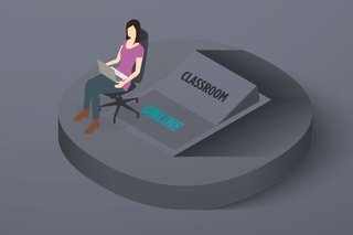 Icon with woman sitting in a chair and the words classroom and online behind her