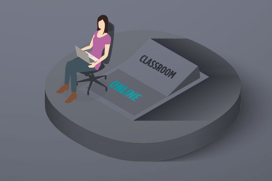 Icon with woman sitting in a chair and the words classroom and online behind her