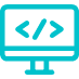 Icon with blue outline of a computer screen with coding symbols