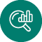 Icon with a teal circle and white outline of a magnifying glass and some charts