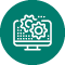 Icon with green circle and white outline of a desktop computer and cogs