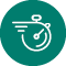 Icon with a teal circle and white outline of a stopwatch