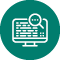Icon with green circle and white outline of a desktop computer and a magnifying glass