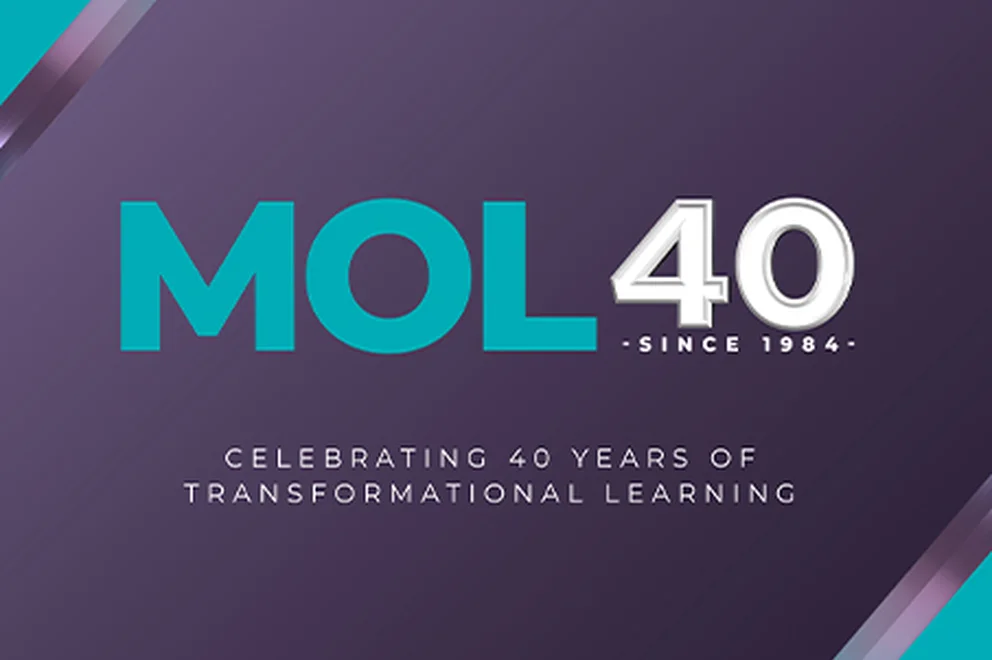 Text on a purple background reads MOL 40, celebrating 40 years of transformational learning.