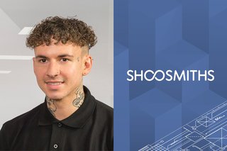 Young person with brown hair wearing a black shirt portrayed next to the word shoosmiths on blue background