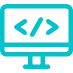 Icon with blue outline of a computer screen with coding symbols