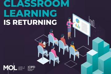 A graphic design showing people in a classroom looking at a tutor next to a whiteboard. The text says 'Classroom learning is returning'.
