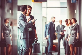People wearing business suits and chatting