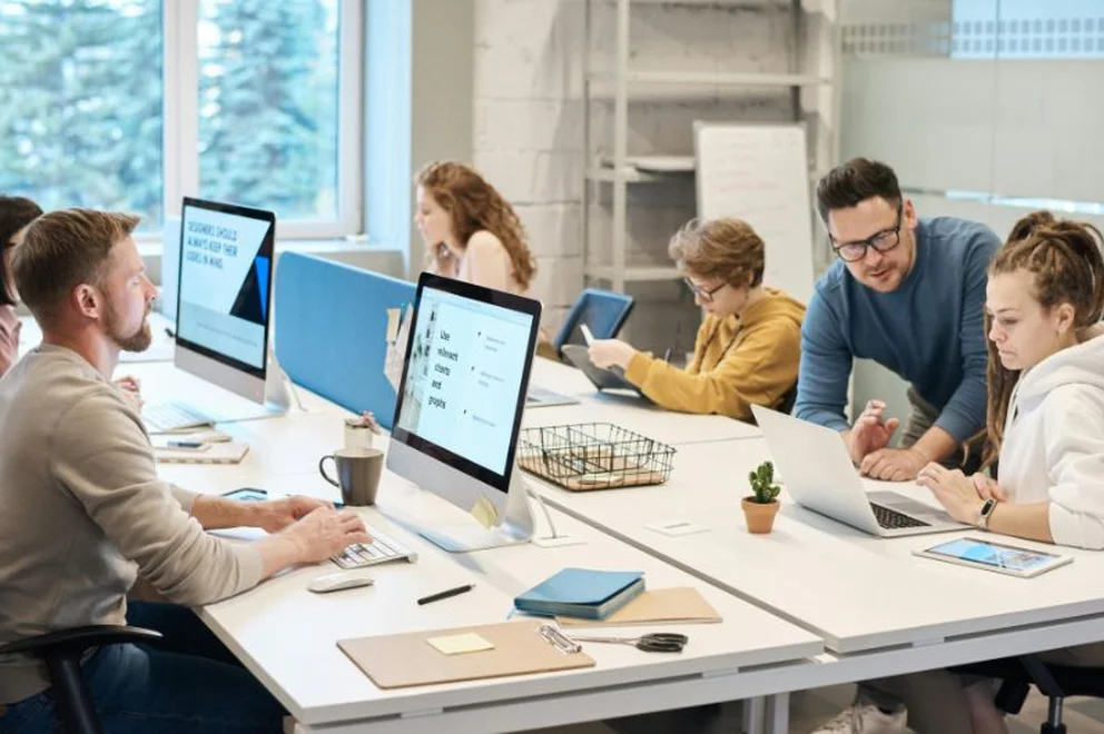 A group of people working in an office