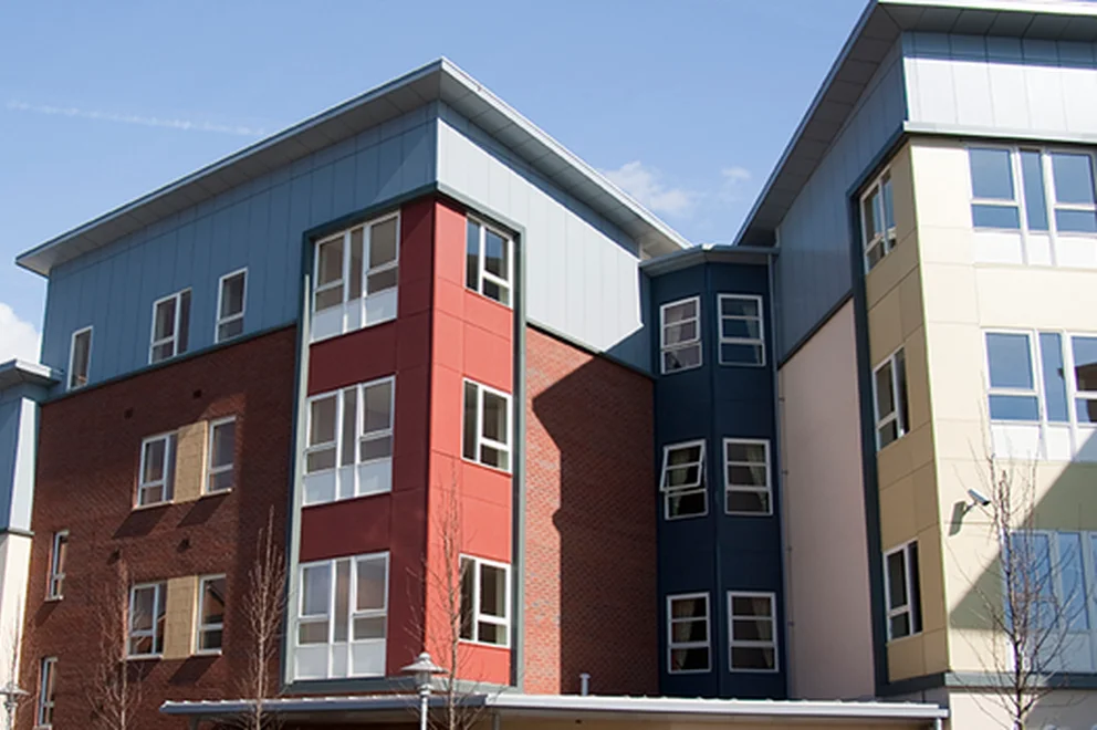 Modern buildings with colourful façades