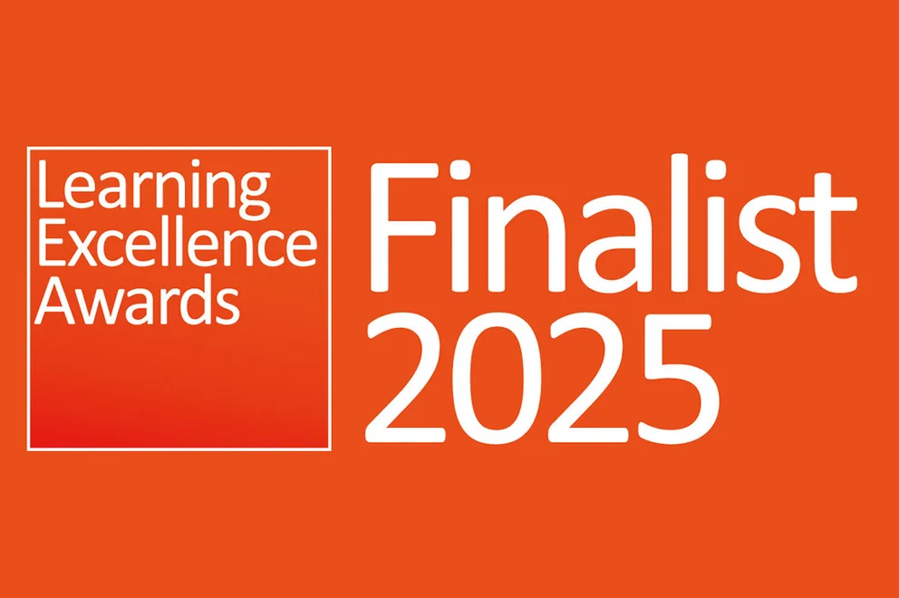The Learning Excellence Awards logo on on orange background with the words 'Finalist 2025' next to it.