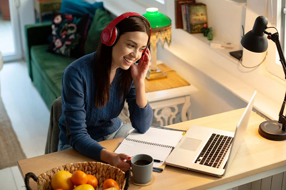 A woman sat during a call